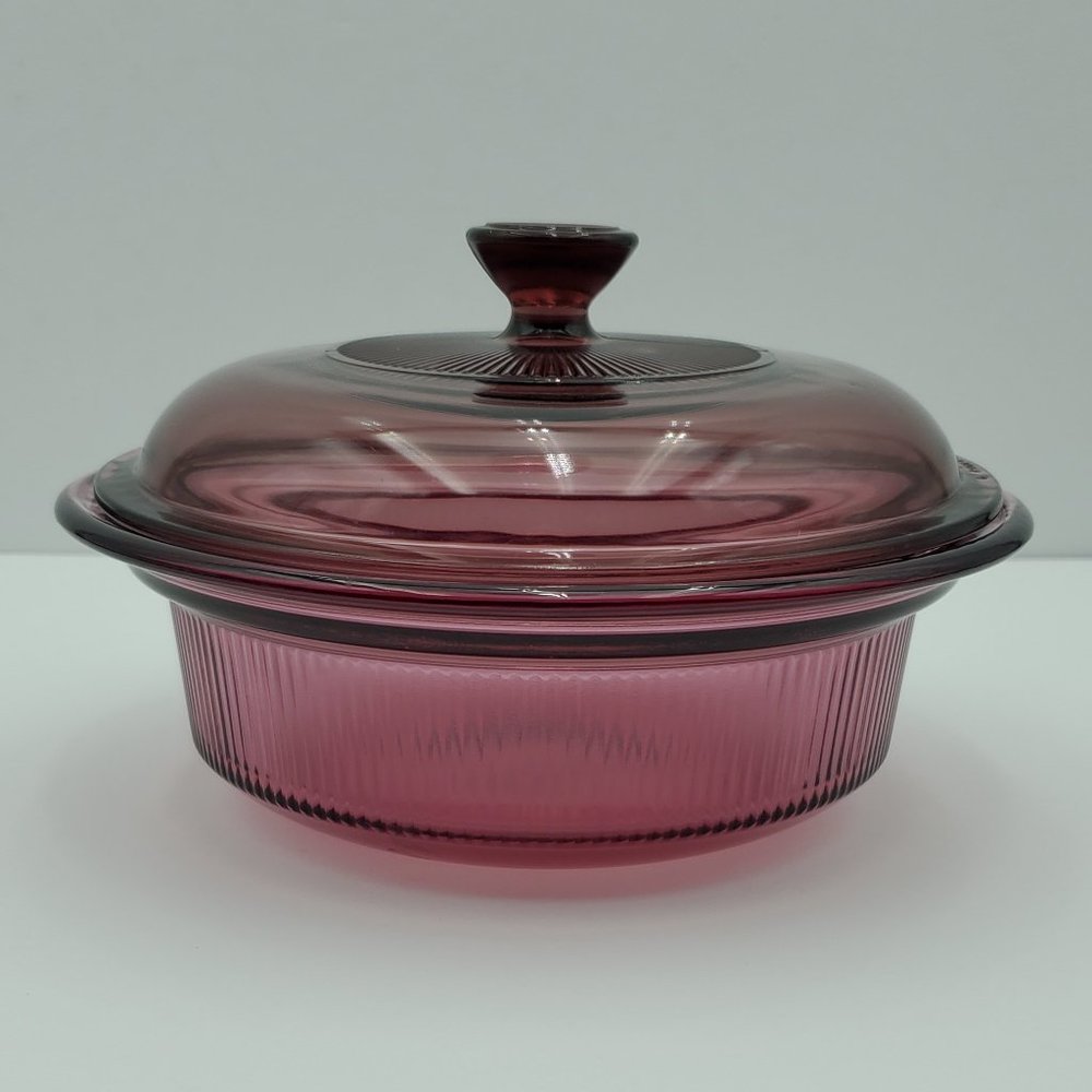 Corning Vision Cranberry 24 Ounce Ribbed Casserole Dish with Glass Pyrex Lid